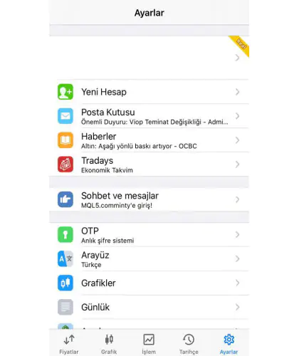 NCM Metatrader 5 Mobile Ayarlar